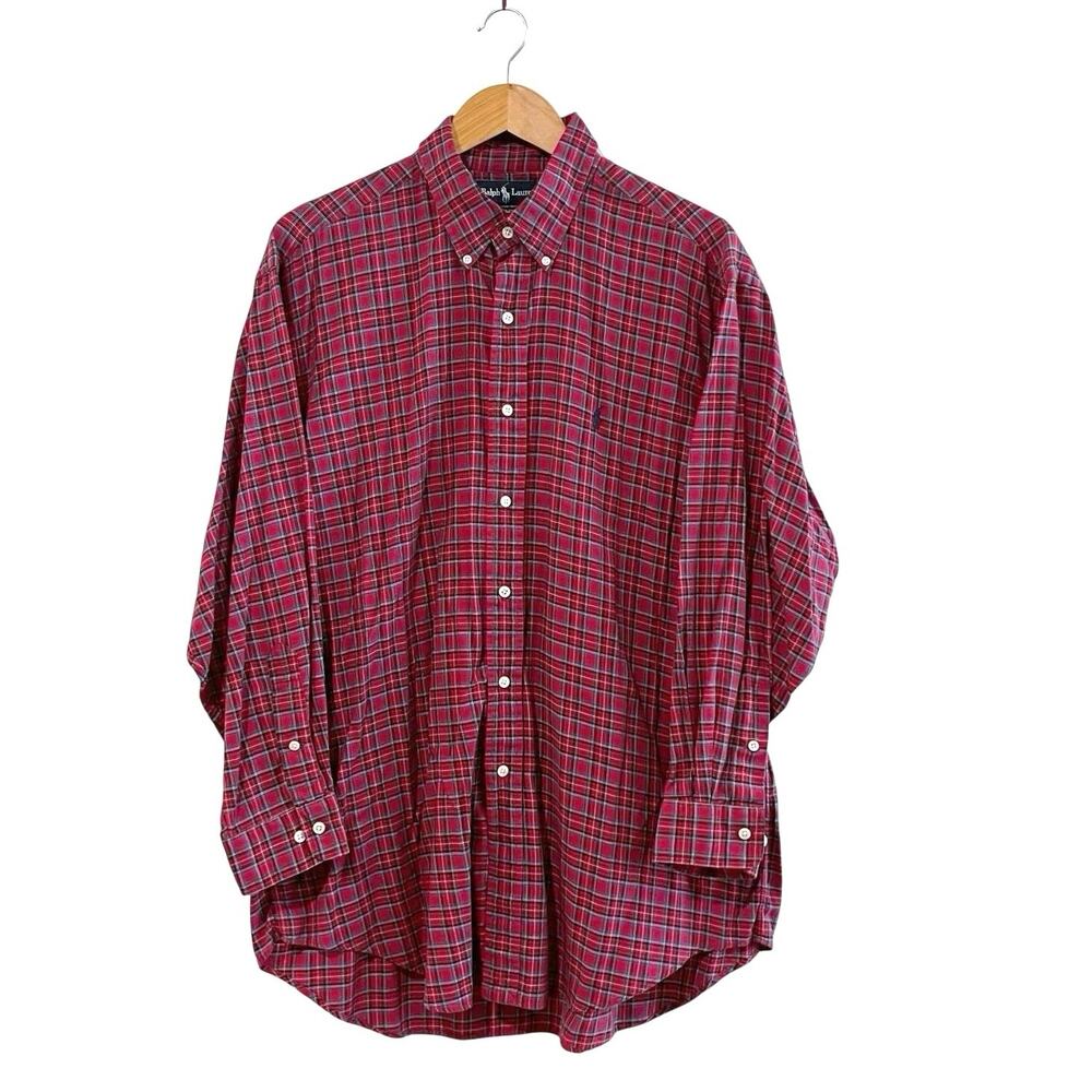 Ralph Lauren Yarmouth Shirt Size 17 Plaid Red Cotton Button Collar Long Sleeve